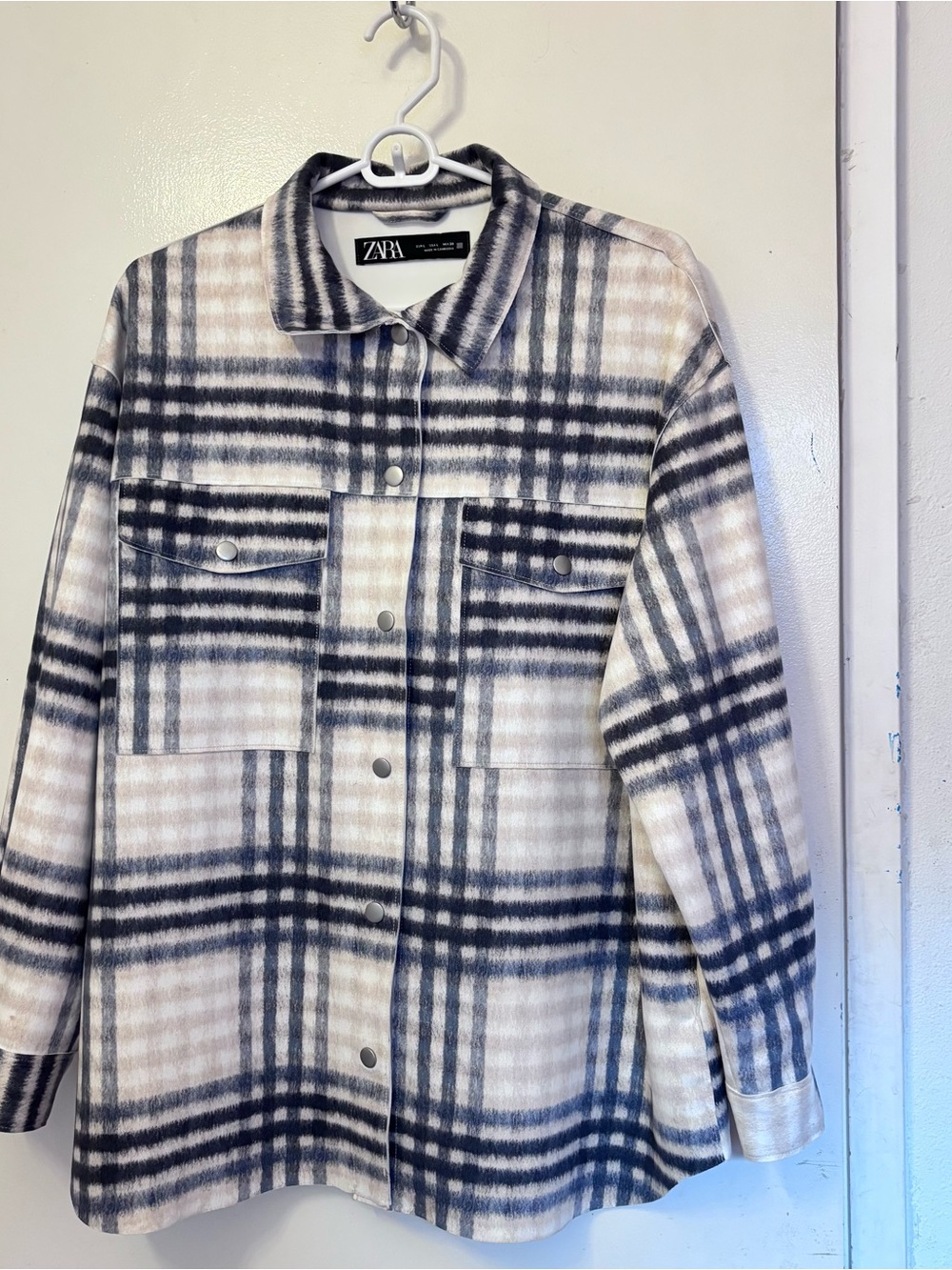 ZARA Plaid Shacket in Cream, Black and Gray